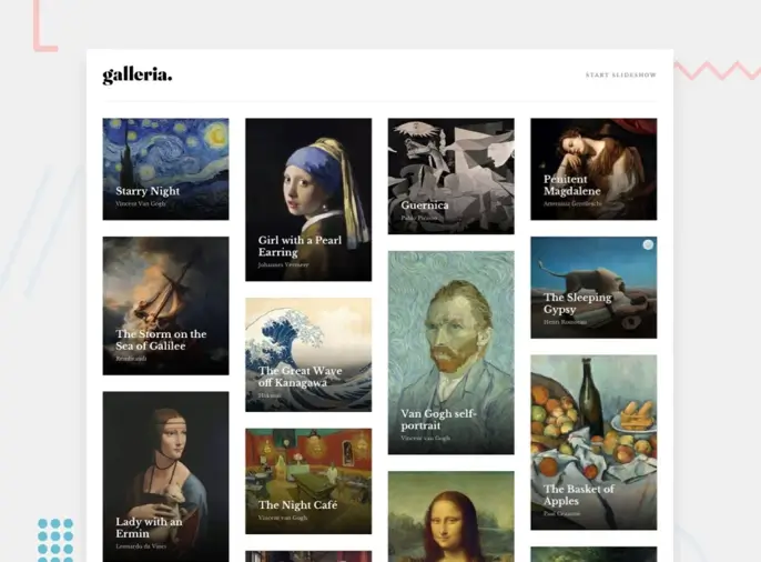 screenshot of Art gallery showcase website